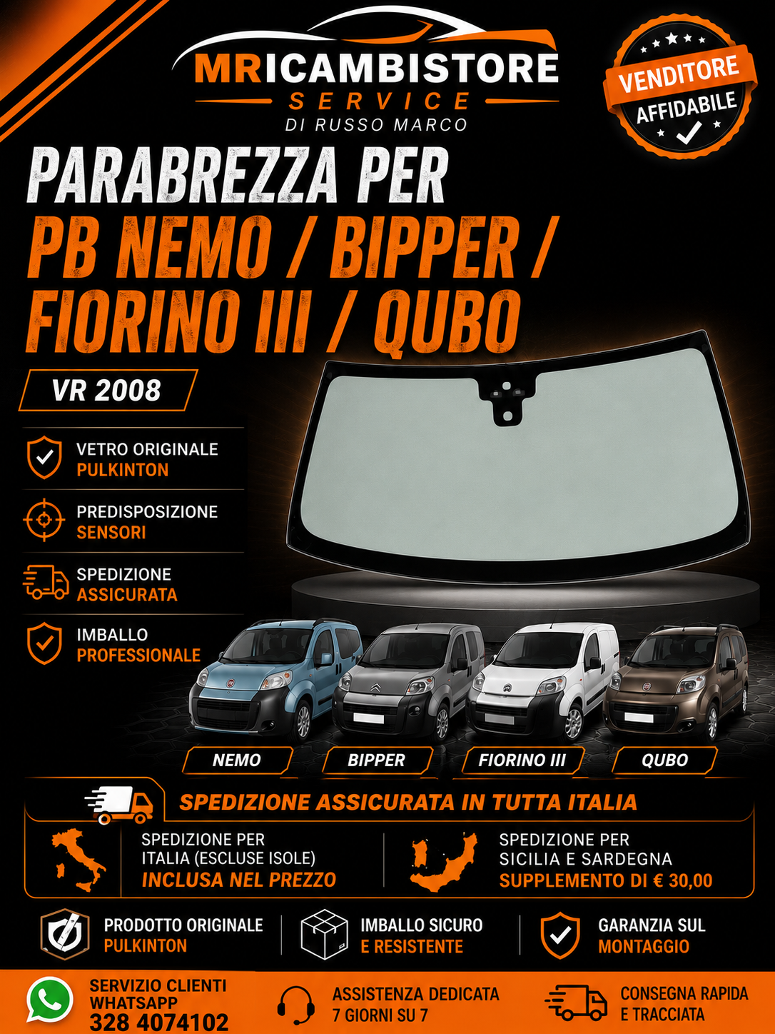 parabrezza peugout Bipper spedito sicilia