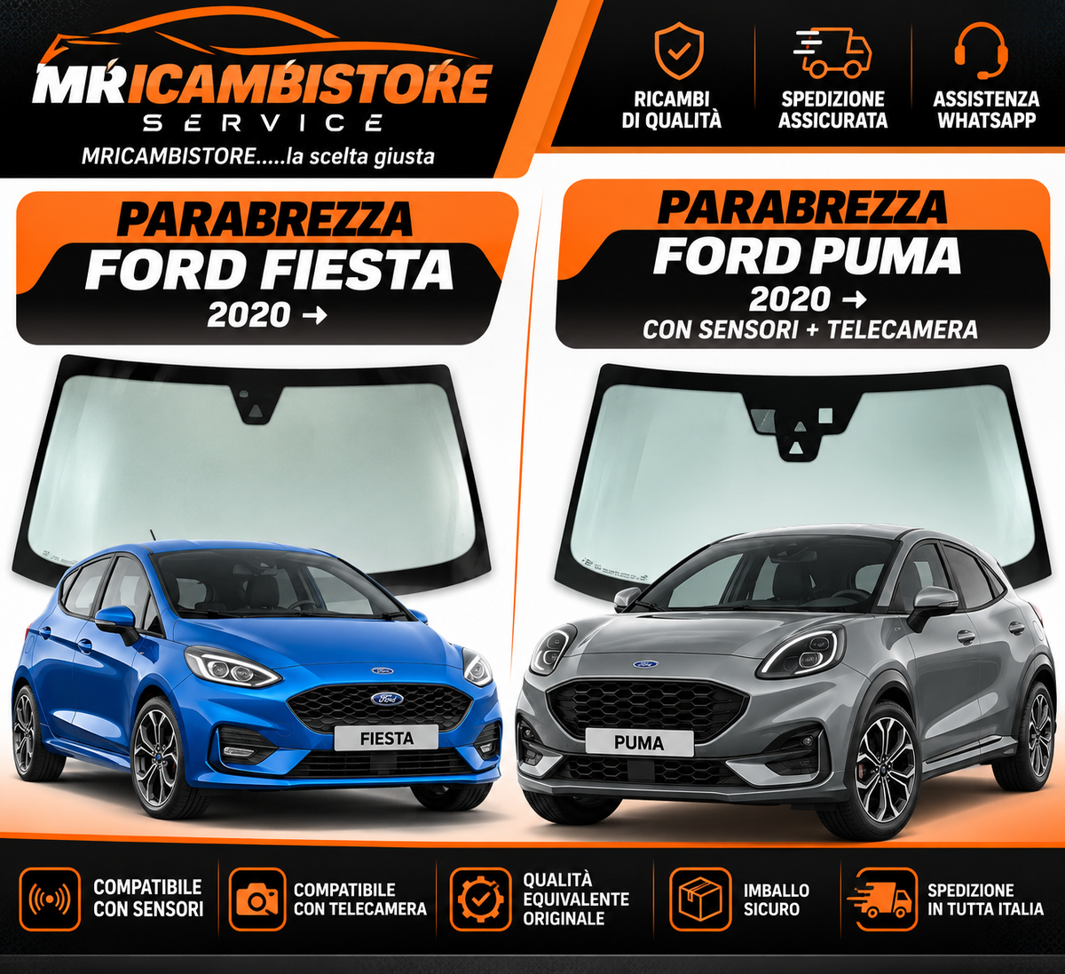 2 PARABREZZA FORD FIESTA 2020 + FORD PUMA 2020 SENSORI + TELECAMERA