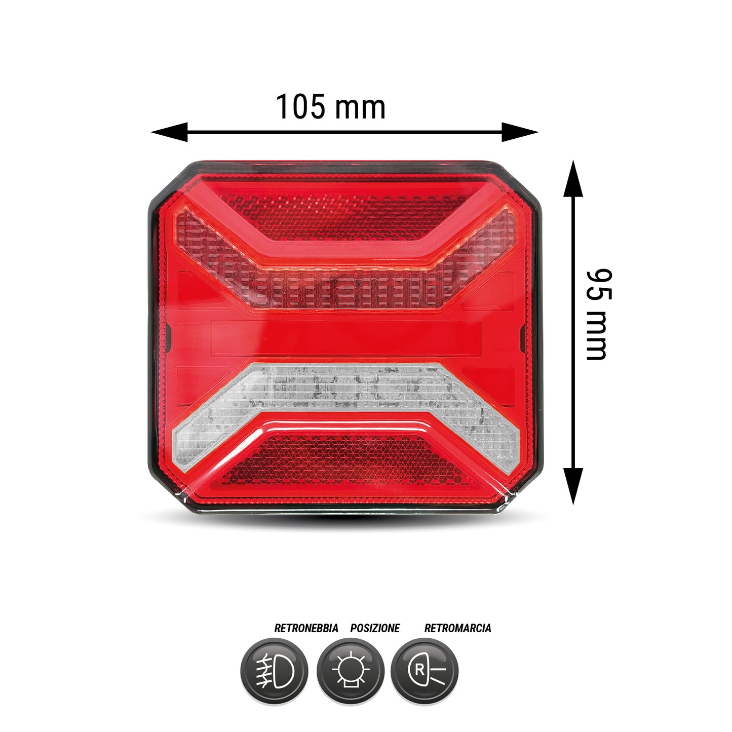 Fanalino posteriore Sx/Dx a LED 105x95x38mm - 3 funzioni e targa